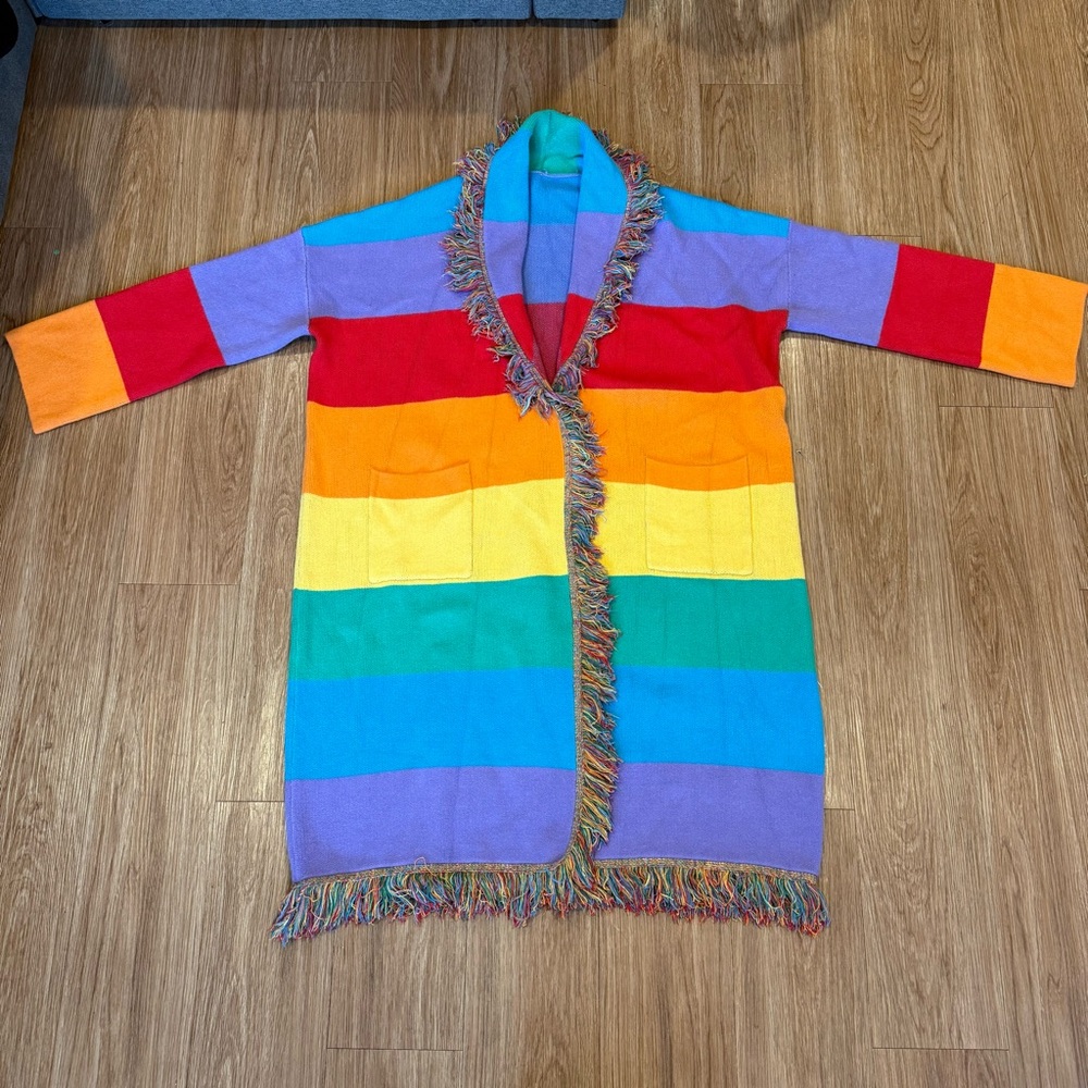 Dressed in Lala Rainbow Stripe Fringe Cardigan
